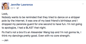 Publicación de Jennifer Lawrence en Facebook